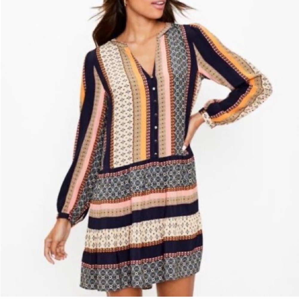 LOFT Foulard Button Tiered Swing Dress Split Neck Patchwork Striped Multi XS